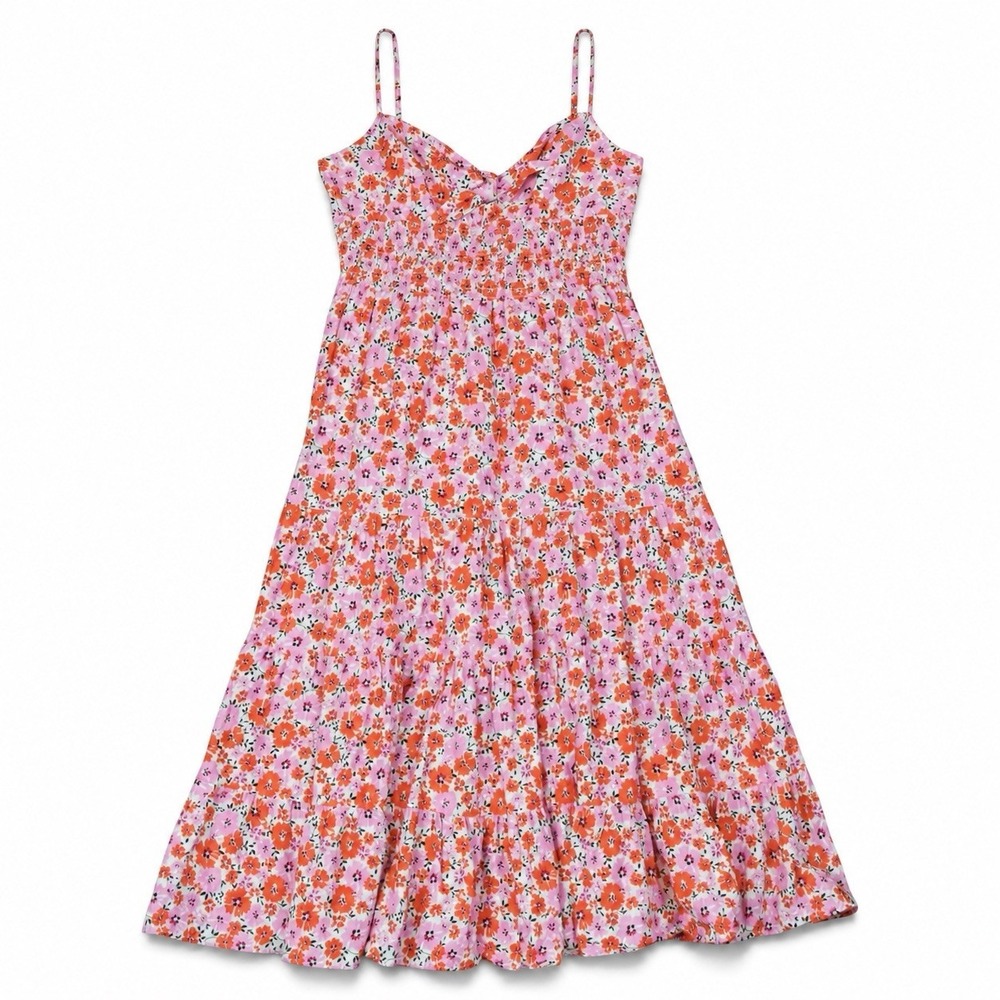 Yumi Kim Ingrid Dress L Groovy Sunshine Floral Smocked Tiered Midi Pink